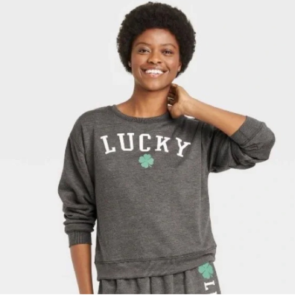 Modern Lux Lucky Gray Women's cropped sweatshirt, St Patrick‎ day SZ S